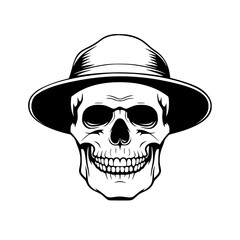 Skull Wearing Wide-Brim Hat Illustration, Black and white illustration of a skull adorned with a wide-brim hat, combining classic fashion and spooky elements.
