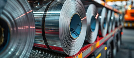 Close-up of industrial steel coils on a transport truck in a warehouse, showcasing the shiny metal surface and industrial setting.