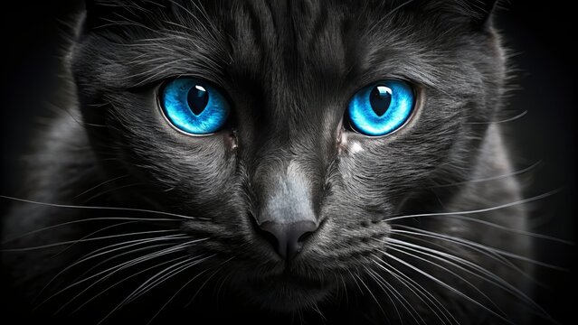 Intense mysterious grim blue eyes of a black feline gaze piercingly into the darkness, exuding stealthy ninja-like aura, amidst a velvety black background.