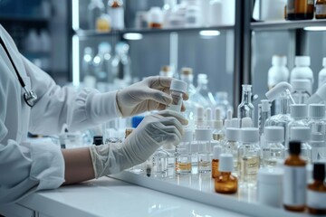 53. Close-up of a quality control inspector's hands testing cosmetic formulas, high detail, photorealistic, bright lab setting