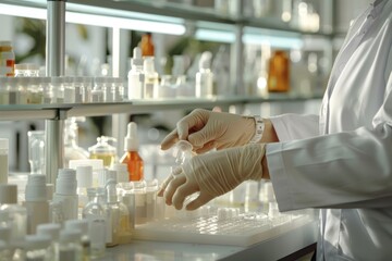 53. Close-up of a quality control inspector's hands testing cosmetic formulas, high detail, photorealistic, bright lab setting