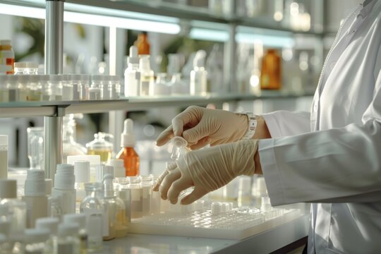 53. Close-up of a quality control inspector's hands testing cosmetic formulas, high detail, photorealistic, bright lab setting