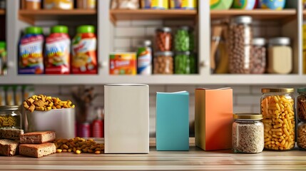 Blank Label Cereal Box: A cereal box with no label in a kitchen pantry.
