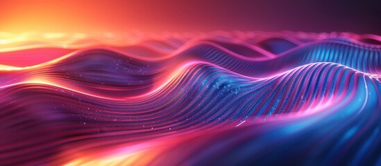 Obraz premium Colorful abstract digital waves with neon lights and gradient hues in a futuristic 3D rendered landscape.