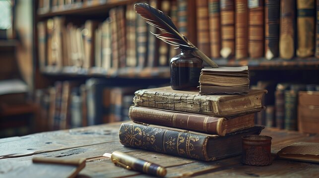 In an atmospheric old library, a tableau unfolds: weathered volumes of ancient books stand solemnly beside a classic quill pen and a vintage inkwell. 