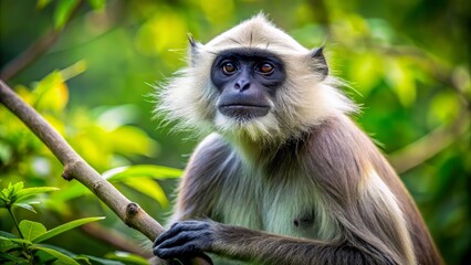 Majestic gray langur monkey with distinctive black face and white whiskers perches on a tree branch in a lush green forest setting.