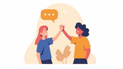 Illustration of Two People High Fiving in a Minimalist Style with Speech Bubble