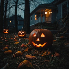 Lots of Halloween pumpkins in a dark courtyard