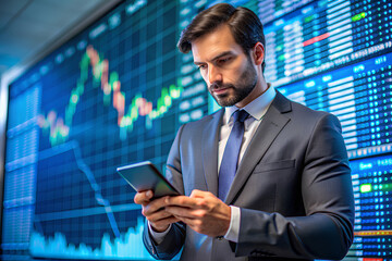 Businessman using a mobile device to check market data and currency exchange rates 