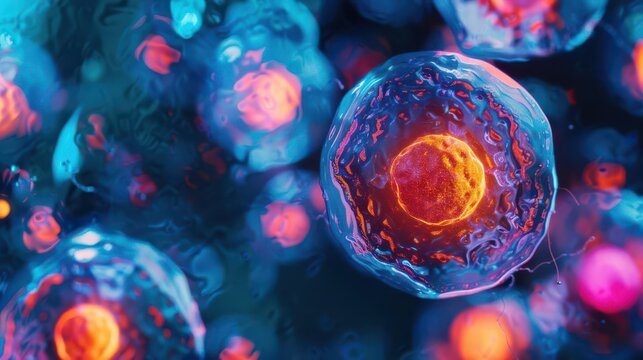 Detailed illustration of stem cells in the process of growth, dynamic and vivid, cell biology, regenerative science, microscopic view