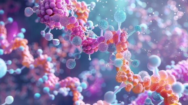 Microscopic illustration of molecules and enzymes in protein synthesis, dynamic and colorful, detailed molecular structures, biology, scientific visualization
