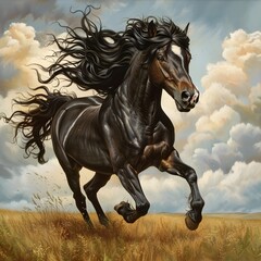 Powerful Black Horse Galloping Across Windswept Field Under Dramatic Sky