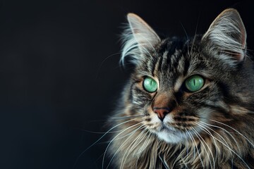 Closeup of the face and eyes of an American Bobtail cat, which is a longhaired tabby with green eyes, in front of a black background, high resolution photography, professional color grading, soft shad