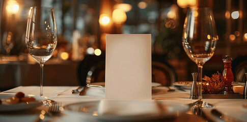 luxury elegant restaurant table setting with blank white menu invitation card for weddings romantic dinners and special events with soft lighting and fine dining decoration