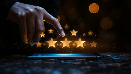Customer rating feedback survey for excellent business and service. User reviews quality experience mobile app. Client evaluates service reputation with 5 star rating based satisfaction