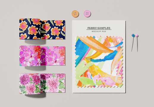 Fabric Swatches Set with Sewing Tools Mockup