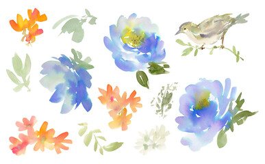 Watercolor floral clipart set with abstract hand painted blue flowers and birds on a transparent background. Floral illustrations for pattern and background.