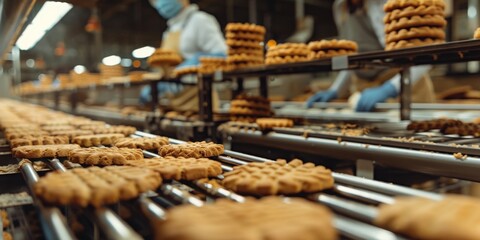 Detailed process of cookie manufacturing captured in a close-up view of freshly baked cookies moving along a production line in a commercial bakery