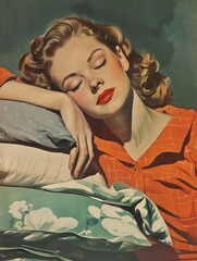 Woman Asleep on Pillows in Red and White Pajamas
