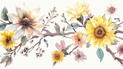 Fototapeta premium Delicate watercolor magnolia and sunflower blossoms with hand-drawn branches, designed for a beautiful wall sticker