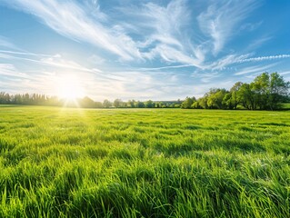 A panoramic shot of a green pasture glowing under the afternoon sun, the vibrant summer grass stretching out to the horizon, dappled with sunlight and surrounded by distant trees