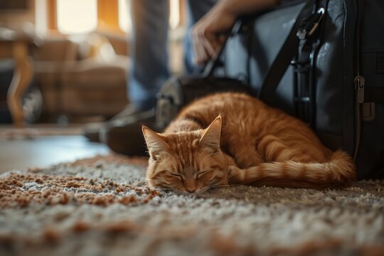 A man packed a suitcase, an orange cat sleeping on the floor between the man and the bag. A cozy home was in the background, the shot was taken with a Sony Alpha A7 III camera with a wide angle lens i