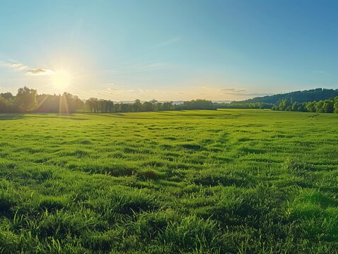 A panoramic shot of a green pasture glowing under the afternoon sun, the vibrant summer grass stretching out to the horizon, dappled with sunlight and surrounded by distant trees