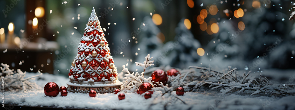 Wall mural christmas card background with christmas tree in front off a blokeh background