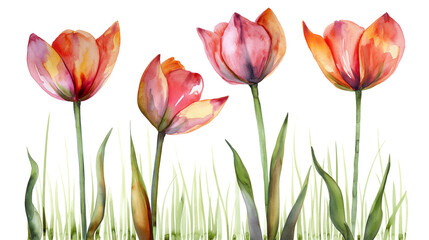 Fototapeta premium Colorful Watercolor Three Blooming Tulips in a Grassy Field isolated on a transparent background
