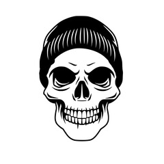 Skull with Beanie Hat Illustration, Black and white illustration of a skull wearing a beanie hat, combining urban style with a macabre theme.


