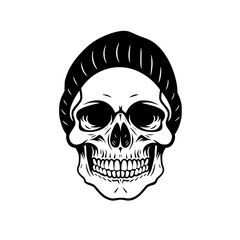 Obraz premium Skull with Beanie Hat Illustration, Black and white illustration of a skull wearing a beanie hat, combining urban style with a macabre theme.
