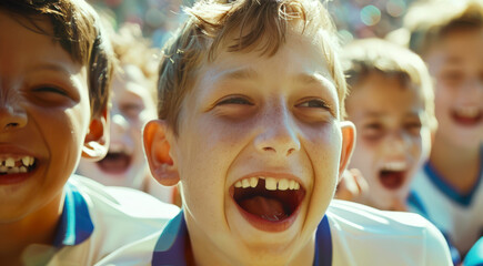 The concept of school sports competitions. Close-up of a funny schoolboy with a knocked-out tooth at soccer practice. A group of young guys are smiling and laughing together