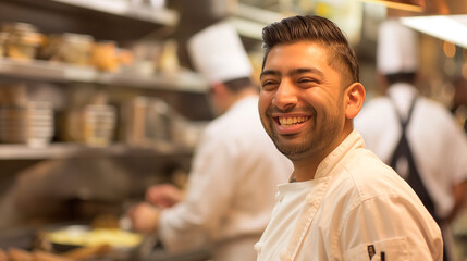 Fototapeta premium Smiling Chef in Bustling Kitchen