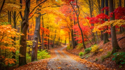 Fototapeta premium Autumn Forest Blur: A vibrant autumn forest with colorful leaves and a winding trail, creating a warm and inviting hiking scene. 