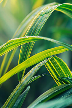 A close-up of the vibrant green and yellow strips on coconut palm leaves, with clear details visible in each strip, set against an out-of-focus background that suggests gentle waves or sand at the bea