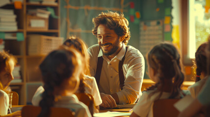 A school teacher explains a new school literature topic to his students. A happy man smiles at a group of children in the classroom