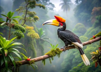 Majestic Rhinoceros Hornbill Preens Its