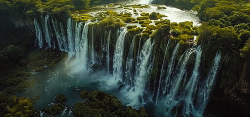 An aerial view of Iguma Falls in Argentina, showcasing the majestic waterfalls cascading into lush greenery below