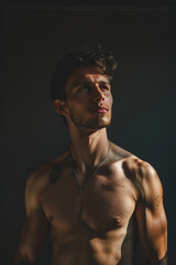 Fototapeta premium Striking portrait of shirtless Hot Young Man against isolated dark background