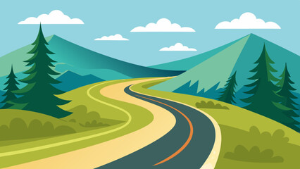 Country road curved highway vector perfect design illustration or logo. The way to nature, trees and forest camping and tourism travel theme. Can be used as a road banner or billboard illustration