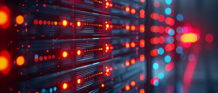 Abstract close-up of server rack with red lights.