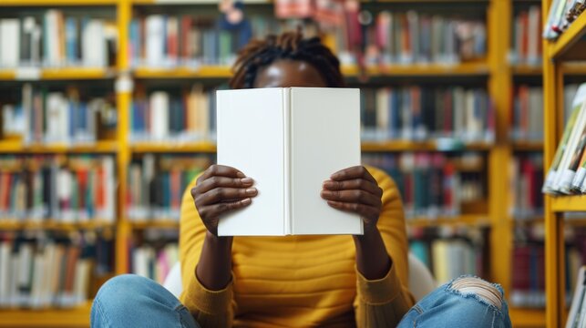 Blank book cover mockup being held by a person sitting in a library