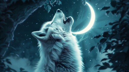 White wolf with luminescent fur, howling at a crescent moon, framed by ancient, towering trees in a mystical forest