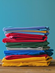 Stack of Colorful Folded T-shirts on Wooden Table Against Blue Background