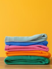 Stack of Folded Colorful Clothing on Wooden Table Against Yellow Wall:This Image Shows a Stack of Five Folded Pieces of Clothing, Each in a Different Color