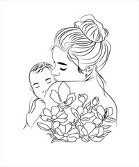 Handdrawn line art style mom and baby illustration art.