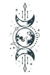 Moon celestial, mystical boho, tatto design vector