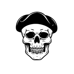 Fototapeta premium Skull Wearing Beret Illustration, Black and white illustration of a skull adorned with a beret, blending artistic flair with a macabre theme. 