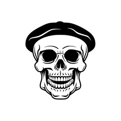 Skull Wearing Beret Illustration, Black and white illustration of a skull adorned with a beret, blending artistic flair with a macabre theme.
