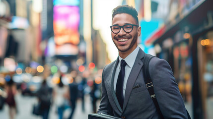 Smiling Businessman with Briefcase in City